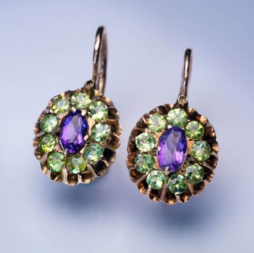 Boucles d'oreilles vintage arrondies vertes et violettes