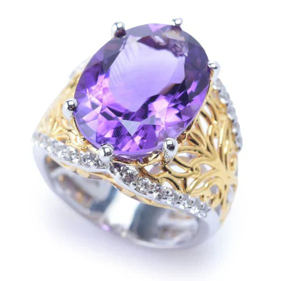 Bague vintage en verre violet or et argent