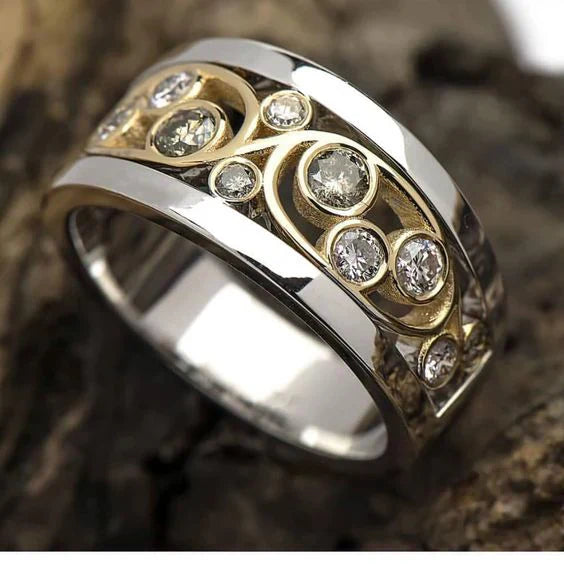 Bague vintage en or et argent avec zirconium en forme de lierre