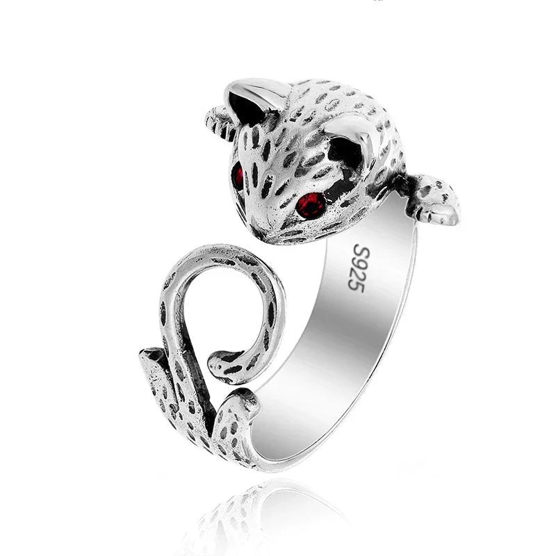 Bague Réglable en Argent Sterling 925 avec Chat Peint à la Main