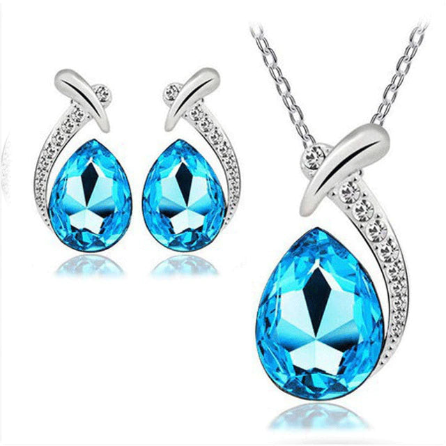 Ensemble Collier + Boucles d'Oreilles en Zirconium Bleu en Argent Sterling