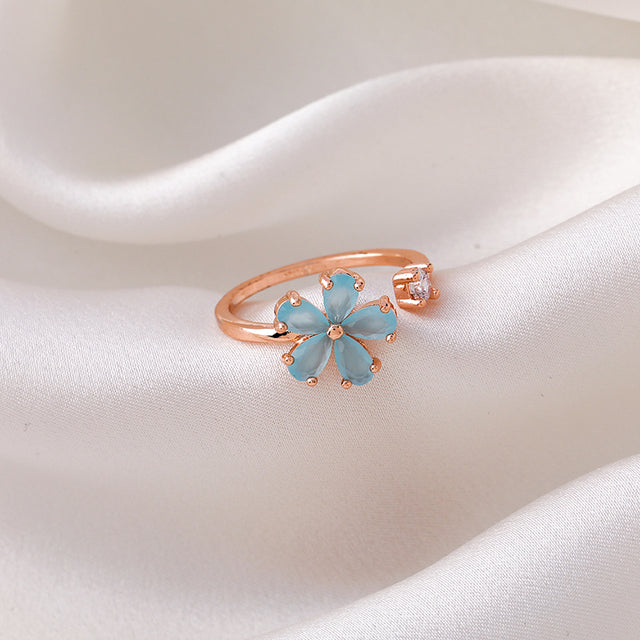 Bague Adjustable Bleu Cristal Fleur en Or