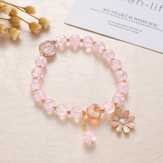 Bracelet de Pierres Roses et de Fleurs de Marguerites en Or