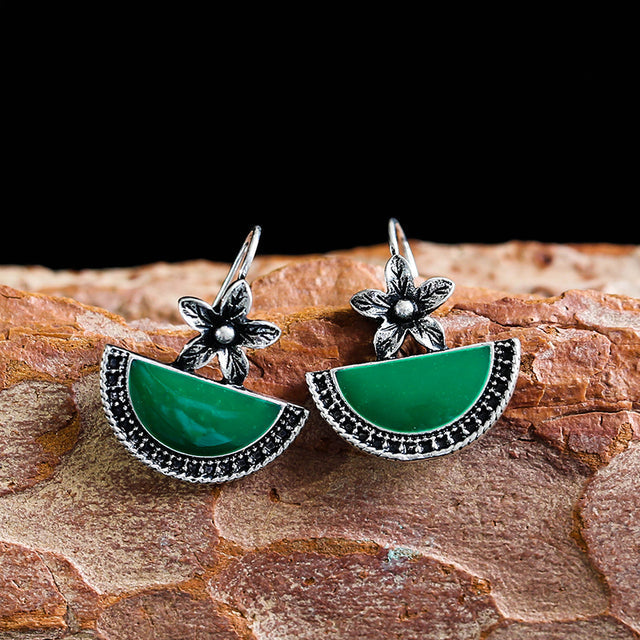 Boucles d'oreilles Vintage en Fleur Verte et Argent