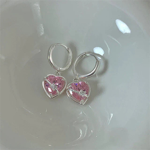 Boucles d'Oreilles et Bague en forme de Cœur en Cristal Rose en Argent Sterling