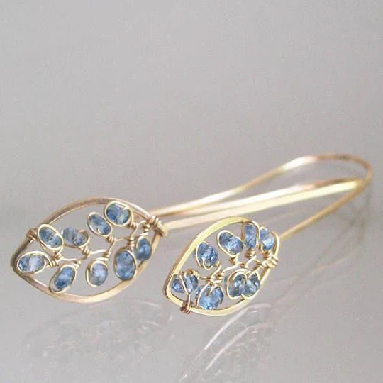 Boucles d'oreilles vintage feuilles creuses bleues en or