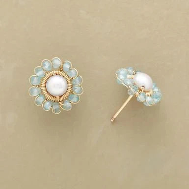 Boucles d'oreilles vintage en cristal bleu avec fleurs et perles