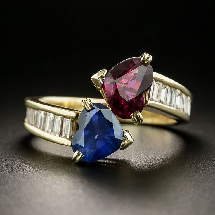 Bague ouverte vintage en cristal bleu et rouge