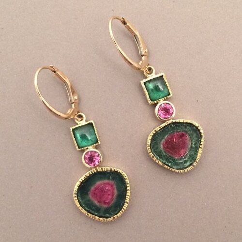 Boucles d'oreilles or vintage vert et rouge