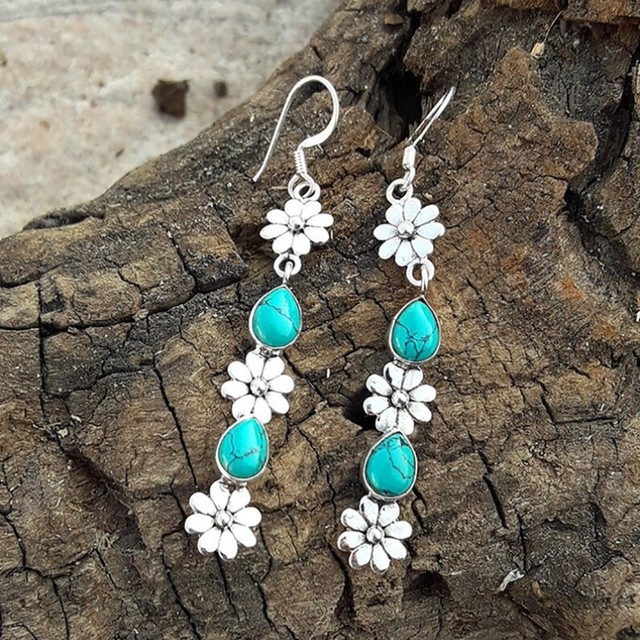 Boucles d'oreilles Vintage Floral avec pierres Turquoises