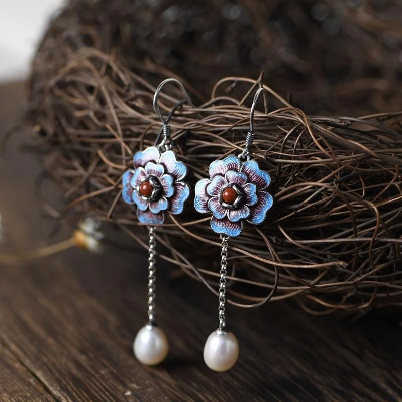 Boucles d'oreilles Vintage Fleur Bleue avec Perles