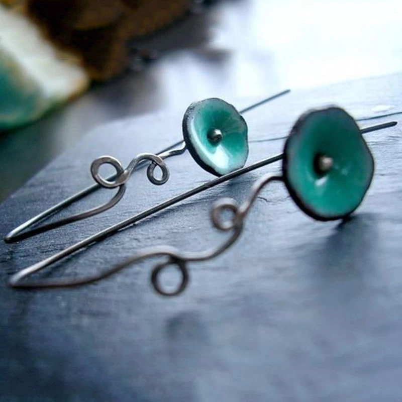 Boucles d'oreilles Vintage Fleur avec Émail Vert