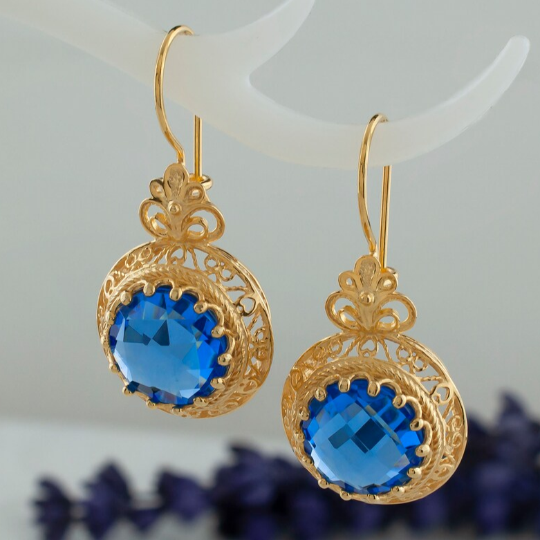 Boucles d'oreilles Vintage en Or avec Cristal Bleu