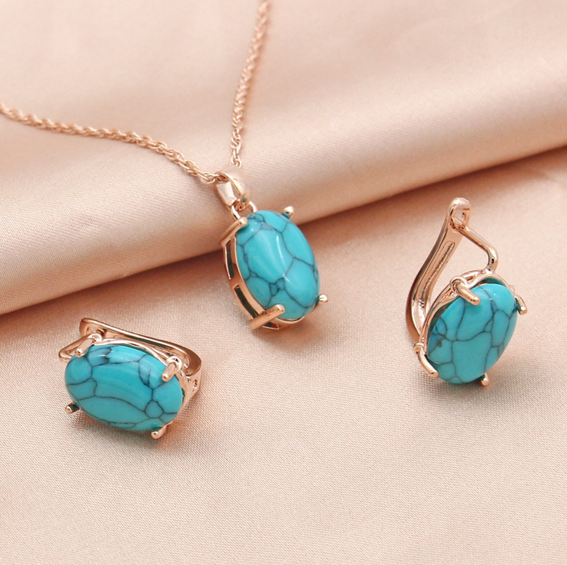 Boucles d'oreilles + collier vintage avec pierre turquoise
