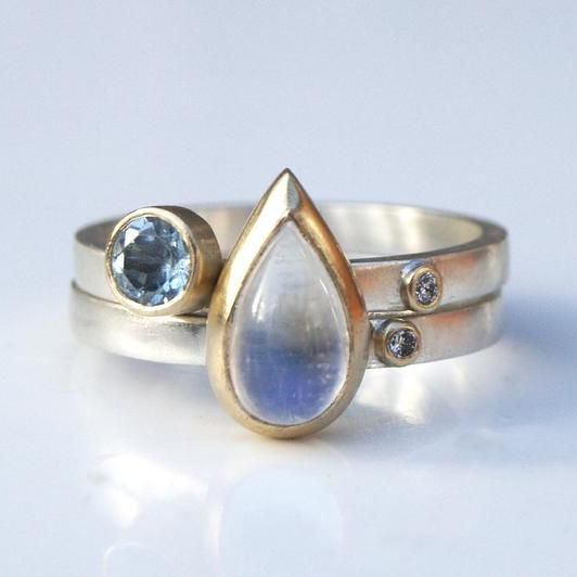Bague vintage en cristal de lune bleue avec gouttes de cristal