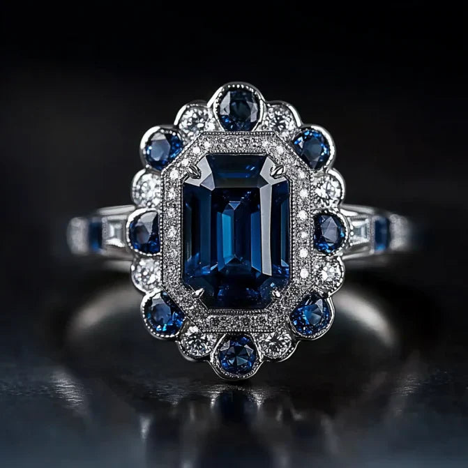 Bague vintage en argent Mandala en cristal bleu