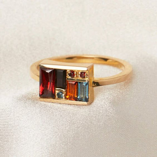 Bague vintage rectangulaire dorée multicolore