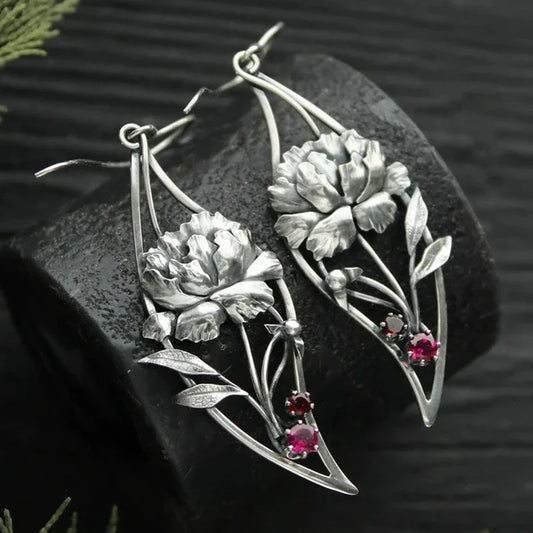 Boucles d'Oreilles Boho Floral avec Zircon Rouge en Argent