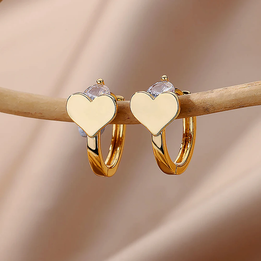 Boucles d'oreilles Minimalistes Coeur avec Cristaux en Or