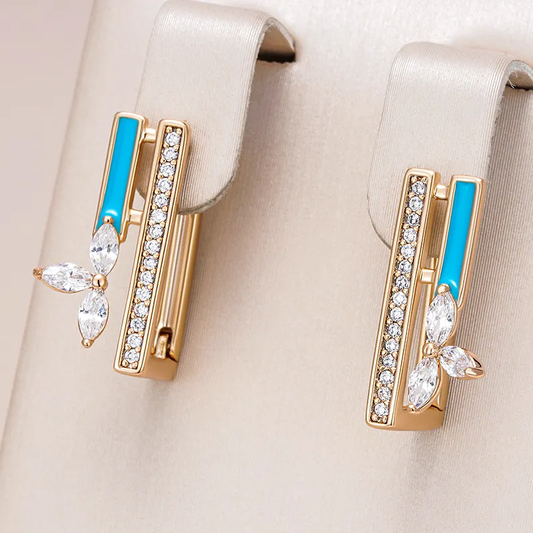 Boucles d'oreilles Elégantes avec Émail Bleu et Zircone en Or